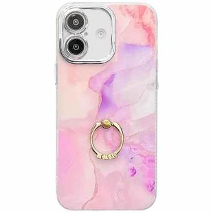 For iPhone 16 Plus Electroplated Marble Texture Ring Holder Phone Case(Pink Purple S4)