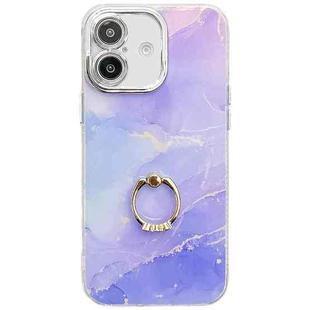 For iPhone 16 Plus Electroplated Marble Texture Ring Holder Phone Case(Blue Purple S10)