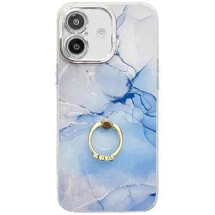 For iPhone 16 Plus Electroplated Marble Texture Ring Holder Phone Case(Blue S11)