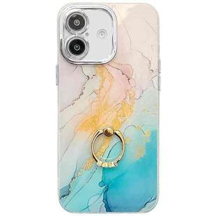 For iPhone 16 Plus Electroplated Marble Texture Ring Holder Phone Case(Yellow Green S13)