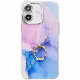 For iPhone 16 Plus Electroplated Marble Texture Ring Holder Phone Case(Purple Blue S18)