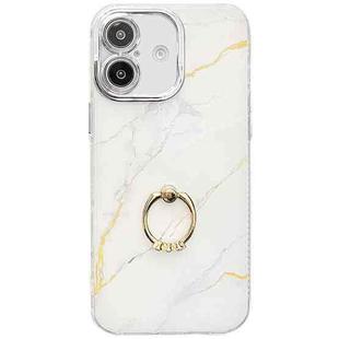 For iPhone 16 Electroplated Marble Texture Ring Holder Phone Case(Gold White S1)