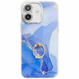 For iPhone 16 Electroplated Marble Texture Ring Holder Phone Case(Dark Blue S16)