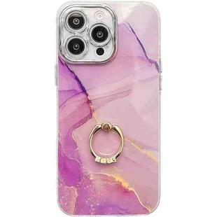 For iPhone 15 Pro Max Electroplated Marble Texture Ring Holder Phone Case(Gold Purple Red S15)