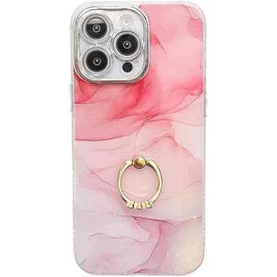 For iPhone 15 Pro Electroplated Marble Texture Ring Holder Phone Case(Pink S2)