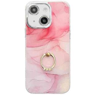 For iPhone 15 Electroplated Marble Texture Ring Holder Phone Case(Pink S2)