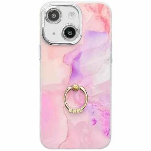 For iPhone 15 Electroplated Marble Texture Ring Holder Phone Case(Pink Purple S4)