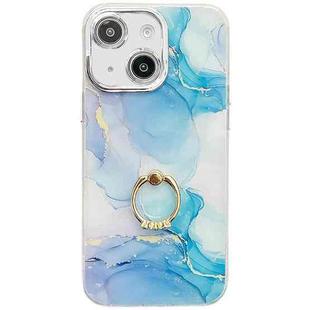 For iPhone 15 Electroplated Marble Texture Ring Holder Phone Case(Blue Green S9)