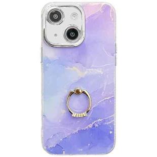 For iPhone 15 Electroplated Marble Texture Ring Holder Phone Case(Blue Purple S10)