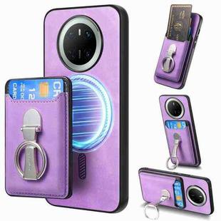 For Huawei Mate 70 Retro Folding Ring Holder Card Bag MagSafe Phone Case(Purple)