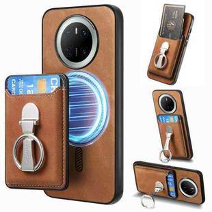 For Huawei Mate 70 Retro Folding Ring Holder Card Bag MagSafe Phone Case(Brown)