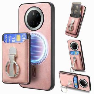 For Huawei Mate 70 Pro Retro Folding Ring Holder Card Bag MagSafe Phone Case(Pink)