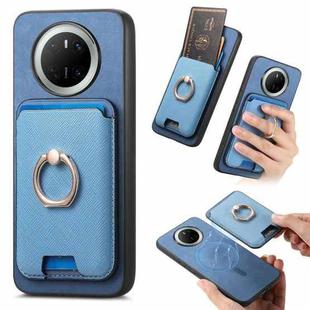 For Huawei Mate 70 Retro Cross Leather Ring Vertical Insert Card Bag MagSafe Phone Case(Blue)