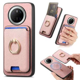 For Huawei Mate 70 Retro Cross Leather Ring Vertical Insert Card Bag MagSafe Phone Case(Pink)