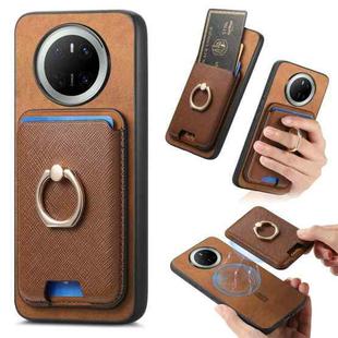 For Huawei Mate 70 Retro Cross Leather Ring Vertical Insert Card Bag MagSafe Phone Case(Brown)