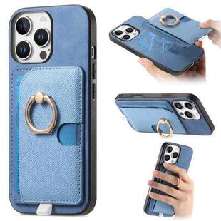 For iPhone 16 Pro Max Retro Cross Leather Ring Side Insert Card Bag MagSafe Phone Case(Blue)