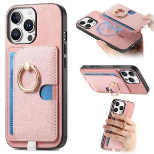 For iPhone 16 Pro Max Retro Cross Leather Ring Side Insert Card Bag MagSafe Phone Case(Pink)