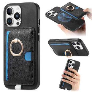 For iPhone 16 Pro Max Retro Cross Leather Ring Side Insert Card Bag MagSafe Phone Case(Black)