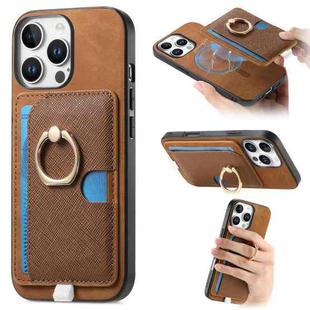 For iPhone 16 Pro Retro Cross Leather Ring Side Insert Card Bag MagSafe Phone Case(Brown)