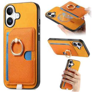 For iPhone 16 Plus Retro Cross Leather Ring Side Insert Card Bag MagSafe Phone Case(Yellow)