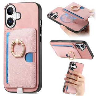 For iPhone 16 Plus Retro Cross Leather Ring Side Insert Card Bag MagSafe Phone Case(Pink)