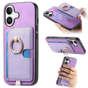 For iPhone 16 Plus Retro Cross Leather Ring Side Insert Card Bag MagSafe Phone Case(Purple)