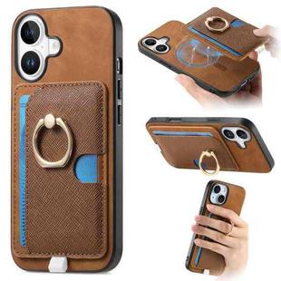 For iPhone 16 Plus Retro Cross Leather Ring Side Insert Card Bag MagSafe Phone Case(Brown)