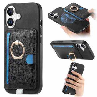 For iPhone 16 Retro Cross Leather Ring Side Insert Card Bag MagSafe Phone Case(Black)