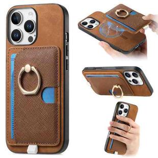 For iPhone 15 Pro max Retro Cross Leather Ring Side Insert Card Bag MagSafe Phone Case(Brown)