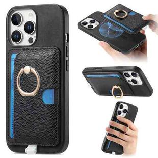 For iPhone 15 Pro max Retro Cross Leather Ring Side Insert Card Bag MagSafe Phone Case(Black)