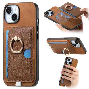 For iPhone 15 Plus Retro Cross Leather Ring Side Insert Card Bag MagSafe Phone Case(Brown)