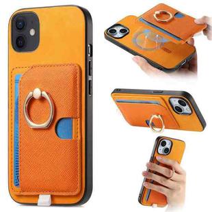 For iPhone 13 Retro Cross Leather Ring Side Insert Card Bag MagSafe Phone Case(Yellow)