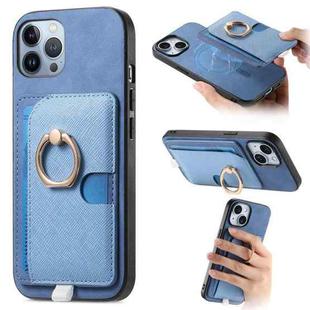 For iPhone 11 Pro Max Retro Cross Leather Ring Side Insert Card Bag MagSafe Phone Case(Blue)