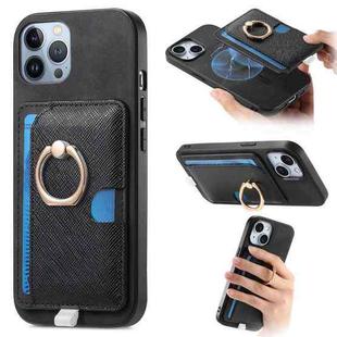 For iPhone 11 Pro Max Retro Cross Leather Ring Side Insert Card Bag MagSafe Phone Case(Black)