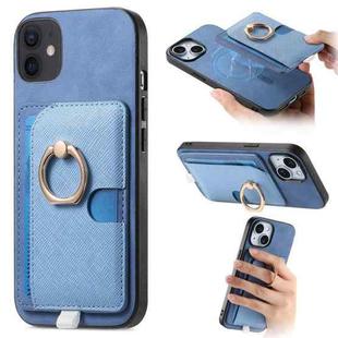 For iPhone 11 Retro Cross Leather Ring Side Insert Card Bag MagSafe Phone Case(Blue)