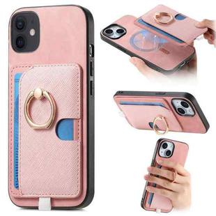 For iPhone 11 Retro Cross Leather Ring Side Insert Card Bag MagSafe Phone Case(Pink)