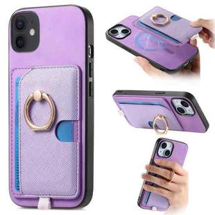 For iPhone 11 Retro Cross Leather Ring Side Insert Card Bag MagSafe Phone Case(Purple)