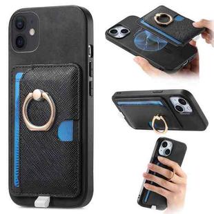 For iPhone 11 Retro Cross Leather Ring Side Insert Card Bag MagSafe Phone Case(Black)