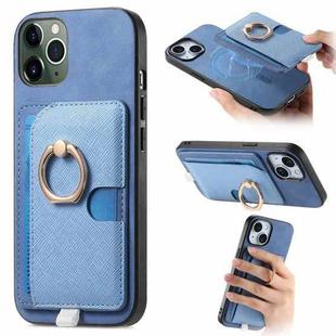 For iPhone 11 Pro Retro Cross Leather Ring Side Insert Card Bag MagSafe Phone Case(Blue)