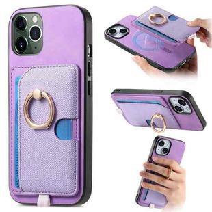 For iPhone 11 Pro Retro Cross Leather Ring Side Insert Card Bag MagSafe Phone Case(Purple)