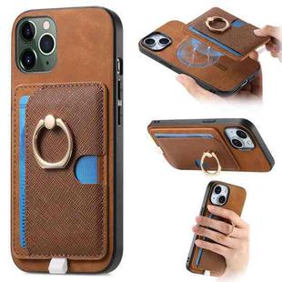 For iPhone 11 Pro Retro Cross Leather Ring Side Insert Card Bag MagSafe Phone Case(Brown)