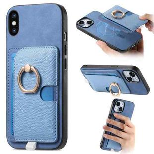 For iPhone X / XS Retro Cross Leather Ring Side Insert Card Bag MagSafe Phone Case(Blue)