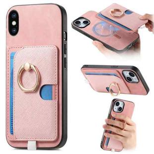 For iPhone X / XS Retro Cross Leather Ring Side Insert Card Bag MagSafe Phone Case(Pink)