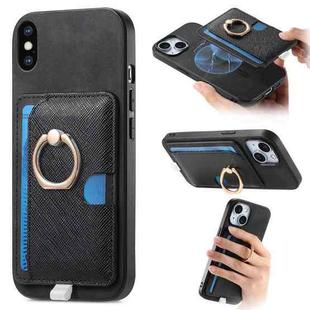 For iPhone X / XS Retro Cross Leather Ring Side Insert Card Bag MagSafe Phone Case(Black)