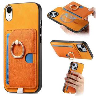 For iPhone XR Retro Cross Leather Ring Side Insert Card Bag MagSafe Phone Case(Yellow)