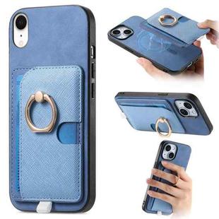 For iPhone XR Retro Cross Leather Ring Side Insert Card Bag MagSafe Phone Case(Blue)