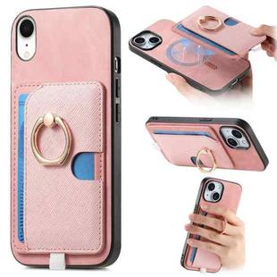 For iPhone XR Retro Cross Leather Ring Side Insert Card Bag MagSafe Phone Case(Pink)