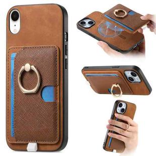 For iPhone XR Retro Cross Leather Ring Side Insert Card Bag MagSafe Phone Case(Brown)