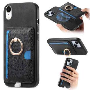 For iPhone XR Retro Cross Leather Ring Side Insert Card Bag MagSafe Phone Case(Black)