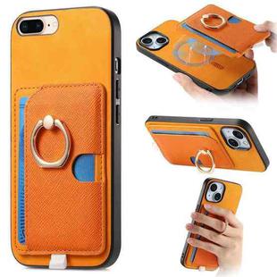 For iPhone 7 Plus / 8 Plus Retro Cross Leather Ring Side Insert Card Bag MagSafe Phone Case(Yellow)